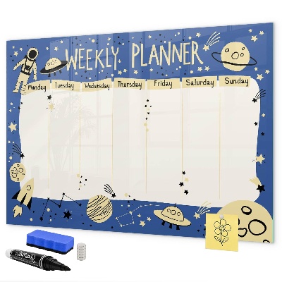Decoratief glazen wandbord beschrijfbaar en magnetisch Weekplanner met een ruimtethema