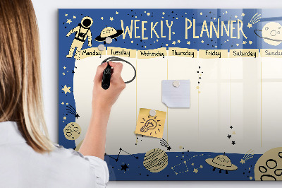 Decoratief glazen wandbord beschrijfbaar en magnetisch Weekplanner met een ruimtethema