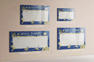 Decoratief glazen wandbord beschrijfbaar en magnetisch Weekplanner met een ruimtethema