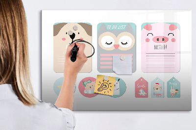 Decoratief glazen wandbord beschrijfbaar en magnetisch Kleurrijke briefjes en foto's aan de muur