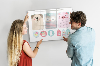 Decoratief glazen wandbord beschrijfbaar en magnetisch Kleurrijke briefjes en foto's aan de muur
