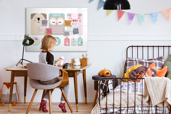 Decoratief glazen wandbord beschrijfbaar en magnetisch Kleurrijke briefjes en foto's aan de muur