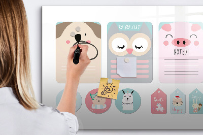 Decoratief glazen wandbord beschrijfbaar en magnetisch Kleurrijke briefjes en foto's aan de muur