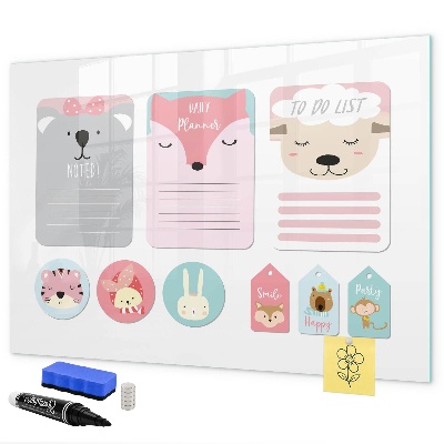 Memobord van glas met print inclusief neodymium magneten Kleurrijke planner met dierenmotieven