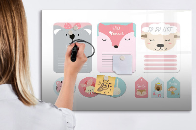 Memobord van glas met print inclusief neodymium magneten Kleurrijke planner met dierenmotieven