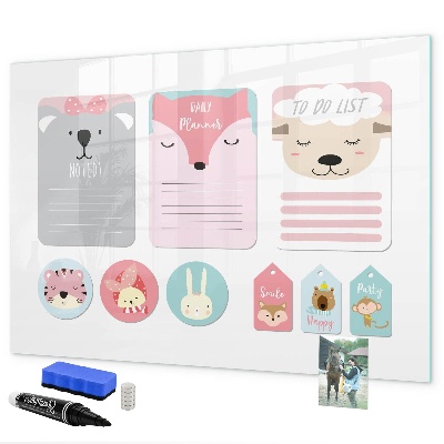 Memobord van glas met print inclusief neodymium magneten Kleurrijke planner met dierenmotieven