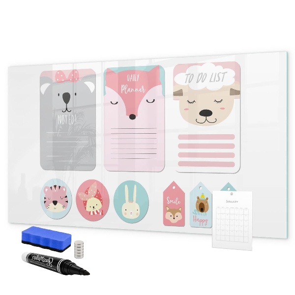 Memobord van glas met print inclusief neodymium magneten Kleurrijke planner met dierenmotieven