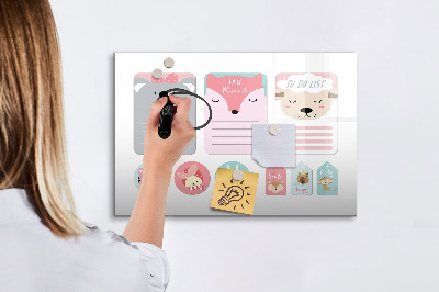 Memobord van glas met print inclusief neodymium magneten Kleurrijke planner met dierenmotieven