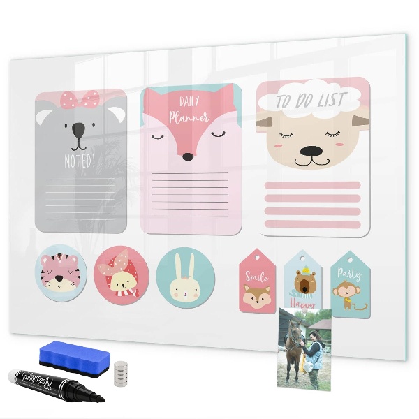 Memobord van glas met print inclusief neodymium magneten Kleurrijke planner met dierenmotieven