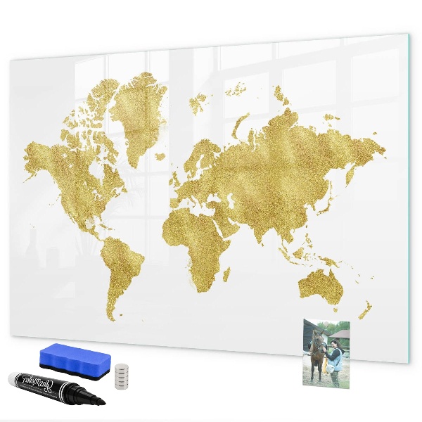 Memobord van glas met print inclusief neodymium magneten Wereldkaart met ruimte voor foto's
