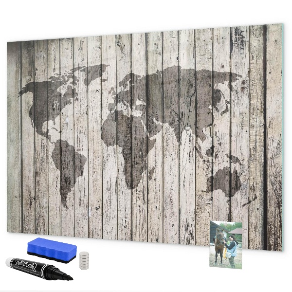 Memobord van glas met print inclusief neodymium magneten Wereldkaart met ruimte voor foto's