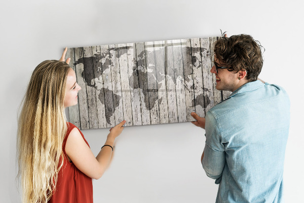Memobord van glas met print inclusief neodymium magneten Wereldkaart met ruimte voor foto's