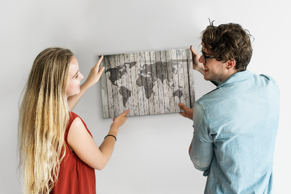 Memobord van glas met print inclusief neodymium magneten Wereldkaart met ruimte voor foto's