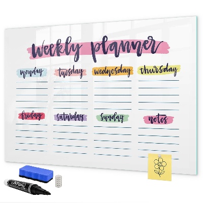 Decoratief glazen wandbord beschrijfbaar en magnetisch Weekplanner met ruimte voor foto's