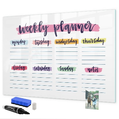 Decoratief glazen wandbord beschrijfbaar en magnetisch Weekplanner met ruimte voor foto's