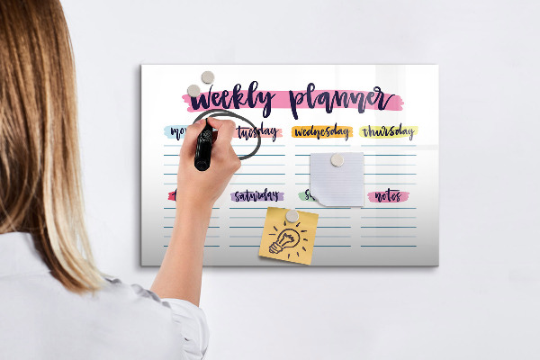 Decoratief glazen wandbord beschrijfbaar en magnetisch Weekplanner met ruimte voor foto's