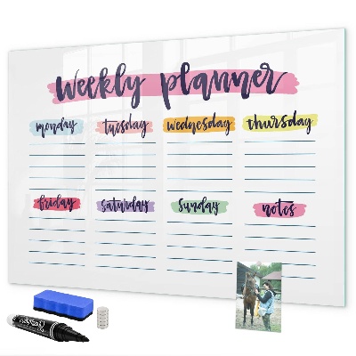 Decoratief glazen wandbord beschrijfbaar en magnetisch Weekplanner met ruimte voor foto's