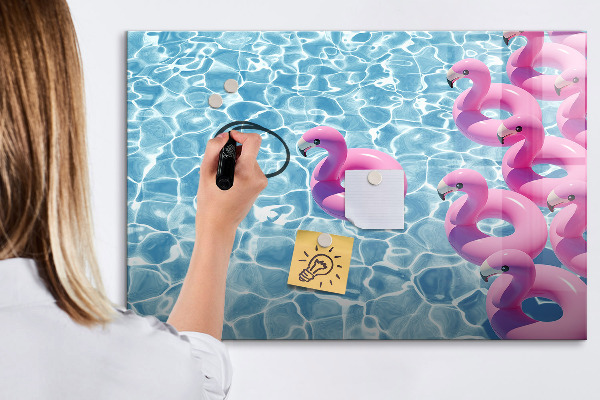 Memobord van glas met print inclusief neodymium magneten Heerlijke momenten aan het water met flamingo's.