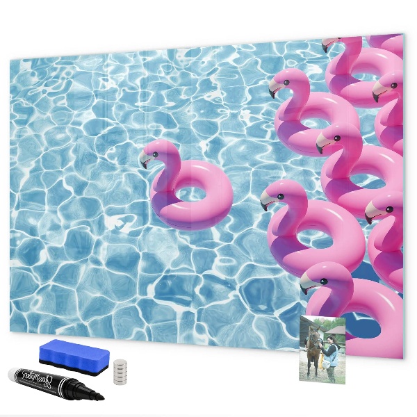 Memobord van glas met print inclusief neodymium magneten Heerlijke momenten aan het water met flamingo's.