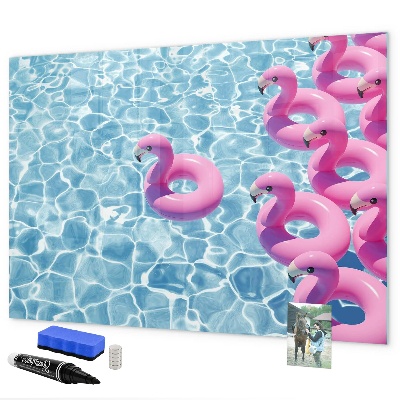 Memobord van glas met print inclusief neodymium magneten Heerlijke momenten aan het water met flamingo's.