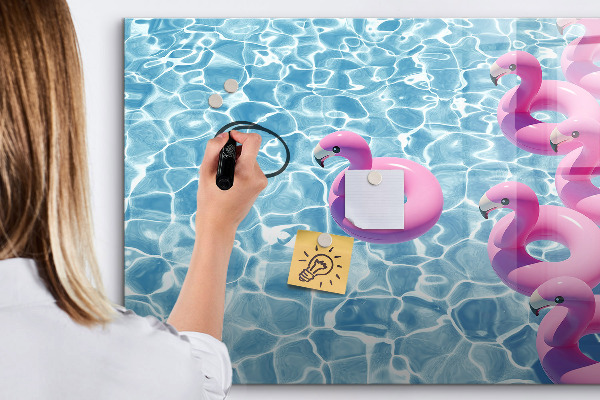 Memobord van glas met print inclusief neodymium magneten Heerlijke momenten aan het water met flamingo's.