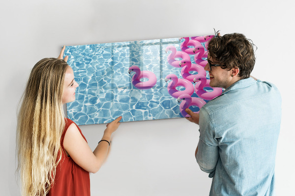 Memobord van glas met print inclusief neodymium magneten Heerlijke momenten aan het water met flamingo's.