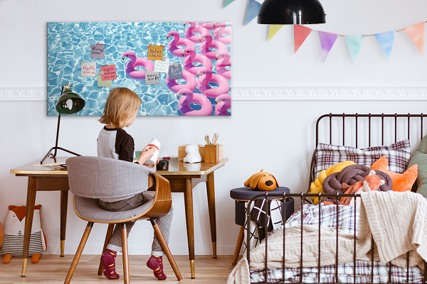 Memobord van glas met print inclusief neodymium magneten Heerlijke momenten aan het water met flamingo's.