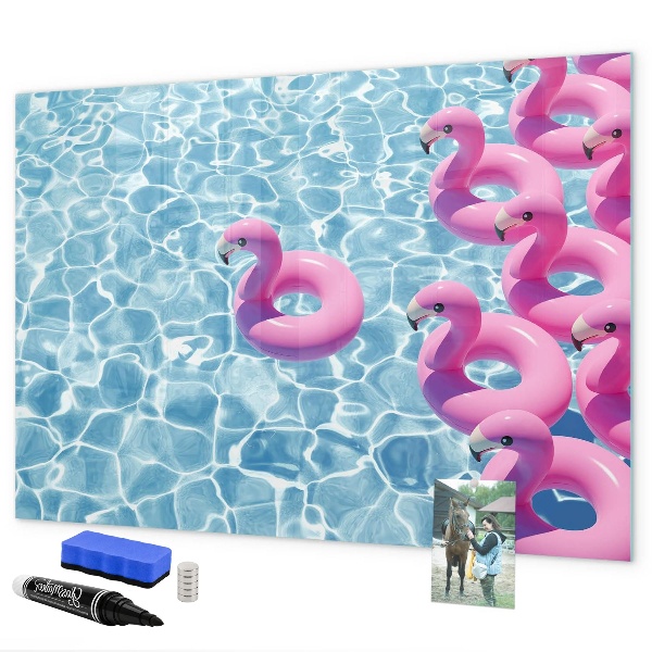 Memobord van glas met print inclusief neodymium magneten Heerlijke momenten aan het water met flamingo's.