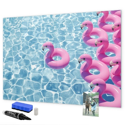 Memobord van glas met print inclusief neodymium magneten Heerlijke momenten aan het water met flamingo's.