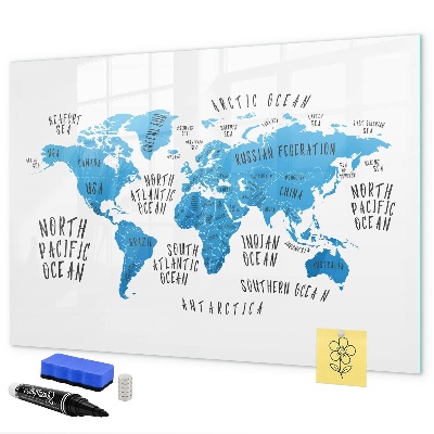 Decoratief glazen wandbord beschrijfbaar en magnetisch Wereldkaart voor fotopersonalisatie
