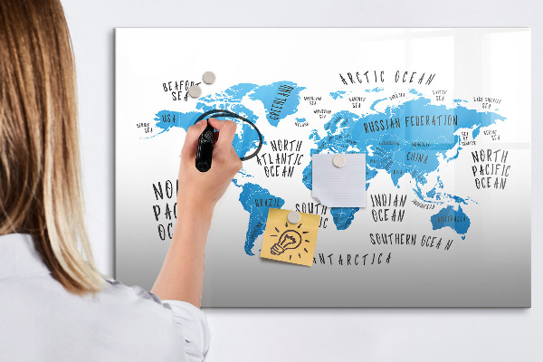 Decoratief glazen wandbord beschrijfbaar en magnetisch Wereldkaart voor fotopersonalisatie