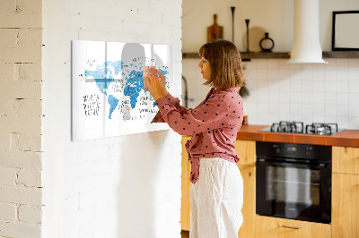 Decoratief glazen wandbord beschrijfbaar en magnetisch Wereldkaart voor fotopersonalisatie