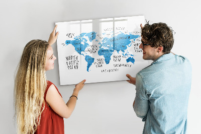Decoratief glazen wandbord beschrijfbaar en magnetisch Wereldkaart voor fotopersonalisatie