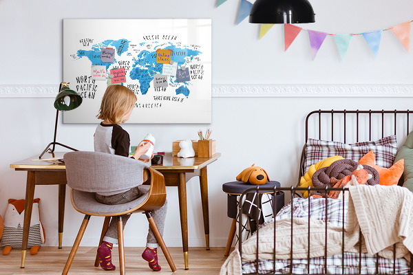 Decoratief glazen wandbord beschrijfbaar en magnetisch Wereldkaart voor fotopersonalisatie