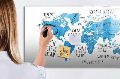 Decoratief glazen wandbord beschrijfbaar en magnetisch Wereldkaart voor fotopersonalisatie