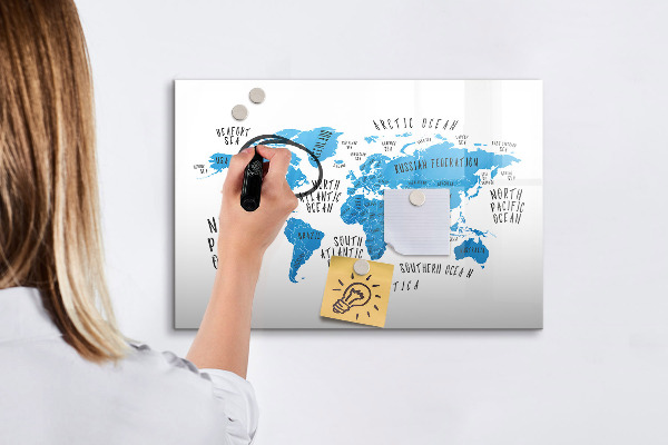 Decoratief glazen wandbord beschrijfbaar en magnetisch Wereldkaart voor fotopersonalisatie