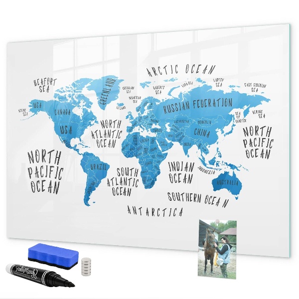Decoratief glazen wandbord beschrijfbaar en magnetisch Wereldkaart voor fotopersonalisatie
