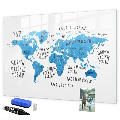 Decoratief glazen wandbord beschrijfbaar en magnetisch Wereldkaart voor fotopersonalisatie