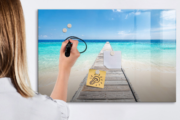 Decoratief glazen wandbord beschrijfbaar en magnetisch Een strand vol herinneringen en foto's