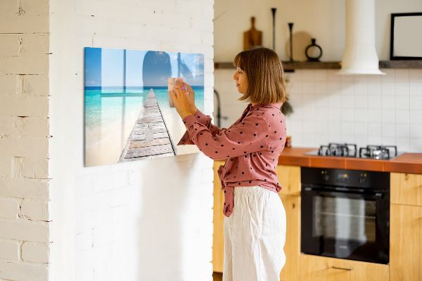 Decoratief glazen wandbord beschrijfbaar en magnetisch Een strand vol herinneringen en foto's