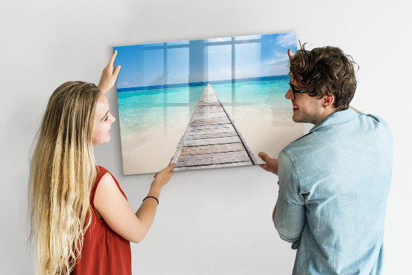 Decoratief glazen wandbord beschrijfbaar en magnetisch Een strand vol herinneringen en foto's