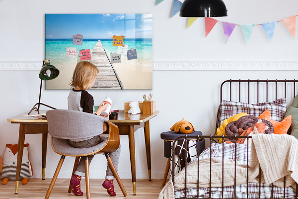 Decoratief glazen wandbord beschrijfbaar en magnetisch Een strand vol herinneringen en foto's