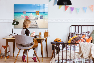 Decoratief glazen wandbord beschrijfbaar en magnetisch Een strand vol herinneringen en foto's