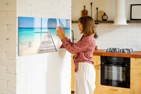 Decoratief glazen wandbord beschrijfbaar en magnetisch Een strand vol herinneringen en foto's