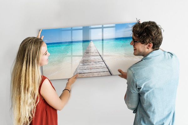 Decoratief glazen wandbord beschrijfbaar en magnetisch Een strand vol herinneringen en foto's