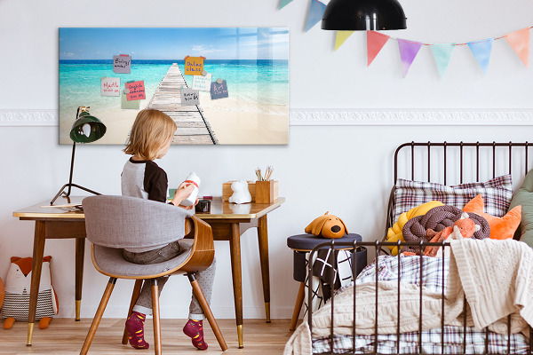 Decoratief glazen wandbord beschrijfbaar en magnetisch Een strand vol herinneringen en foto's