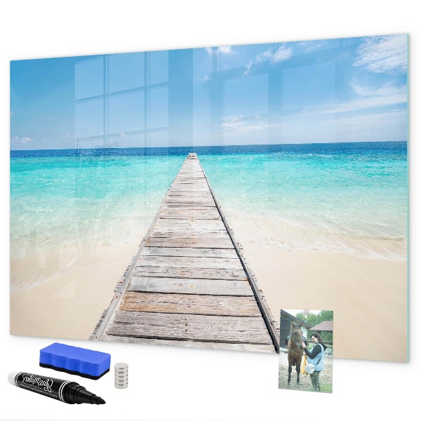 Decoratief glazen wandbord beschrijfbaar en magnetisch Een strand vol herinneringen en foto's