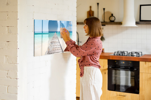 Decoratief glazen wandbord beschrijfbaar en magnetisch Een strand vol herinneringen en foto's