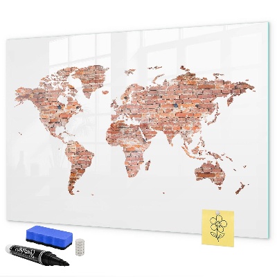 Decoratief glazen wandbord beschrijfbaar en magnetisch Wereldkaart met foto's en aantekeningen