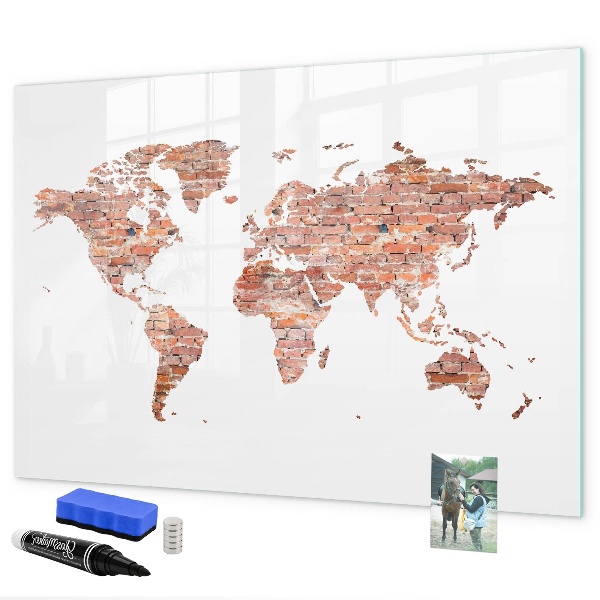 Decoratief glazen wandbord beschrijfbaar en magnetisch Wereldkaart met foto's en aantekeningen